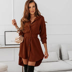 Belted Collar Button Front Long Sleeve Shirt Mini Dress