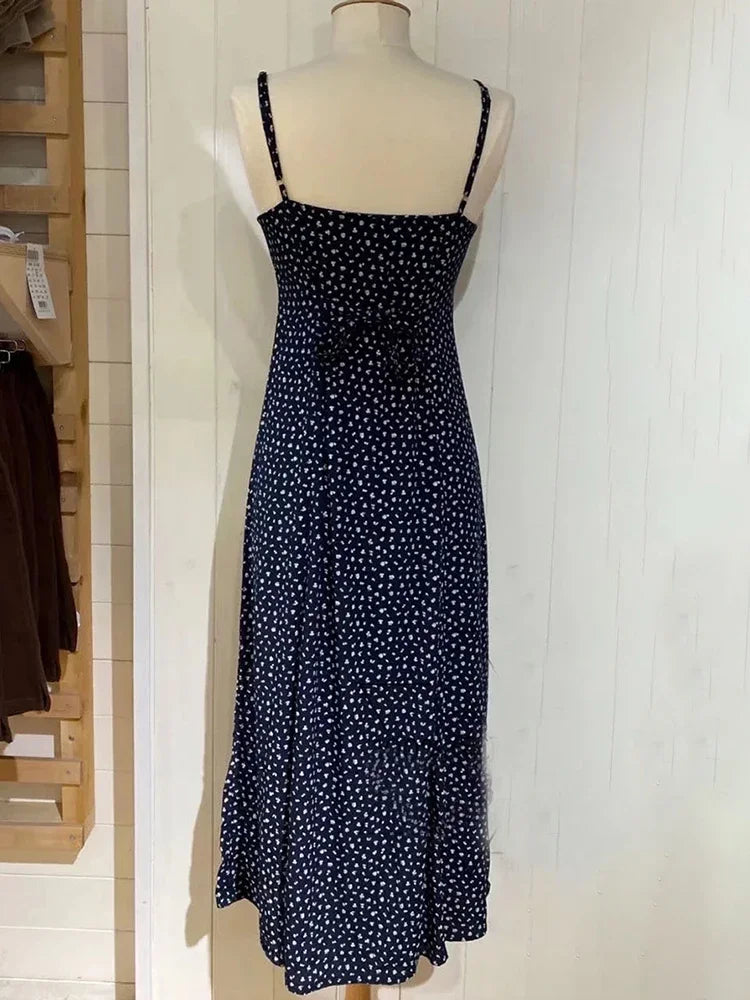 Ditsy Floral Print Spaghetti Strap Scoop Neck Bodycon Midi Dress