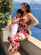 Large Floral Print Spaghetti Strap Square Neck Bodycon Midi Dress