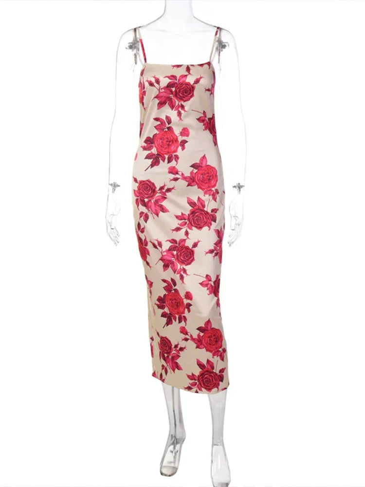Large Floral Print Spaghetti Strap Square Neck Bodycon Midi Dress