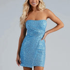 Sequin Spaghetti Strap Deep V Neck A Line Mini Dress