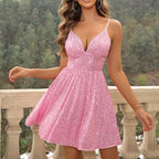 Sequin Spaghetti Strap Deep V Neck A Line Mini Dress