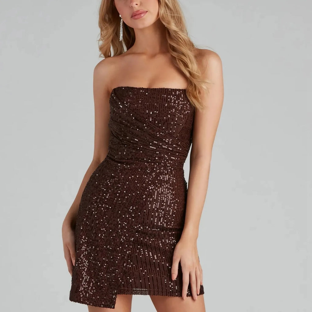 Sequin Spaghetti Strap Deep V Neck A Line Mini Dress