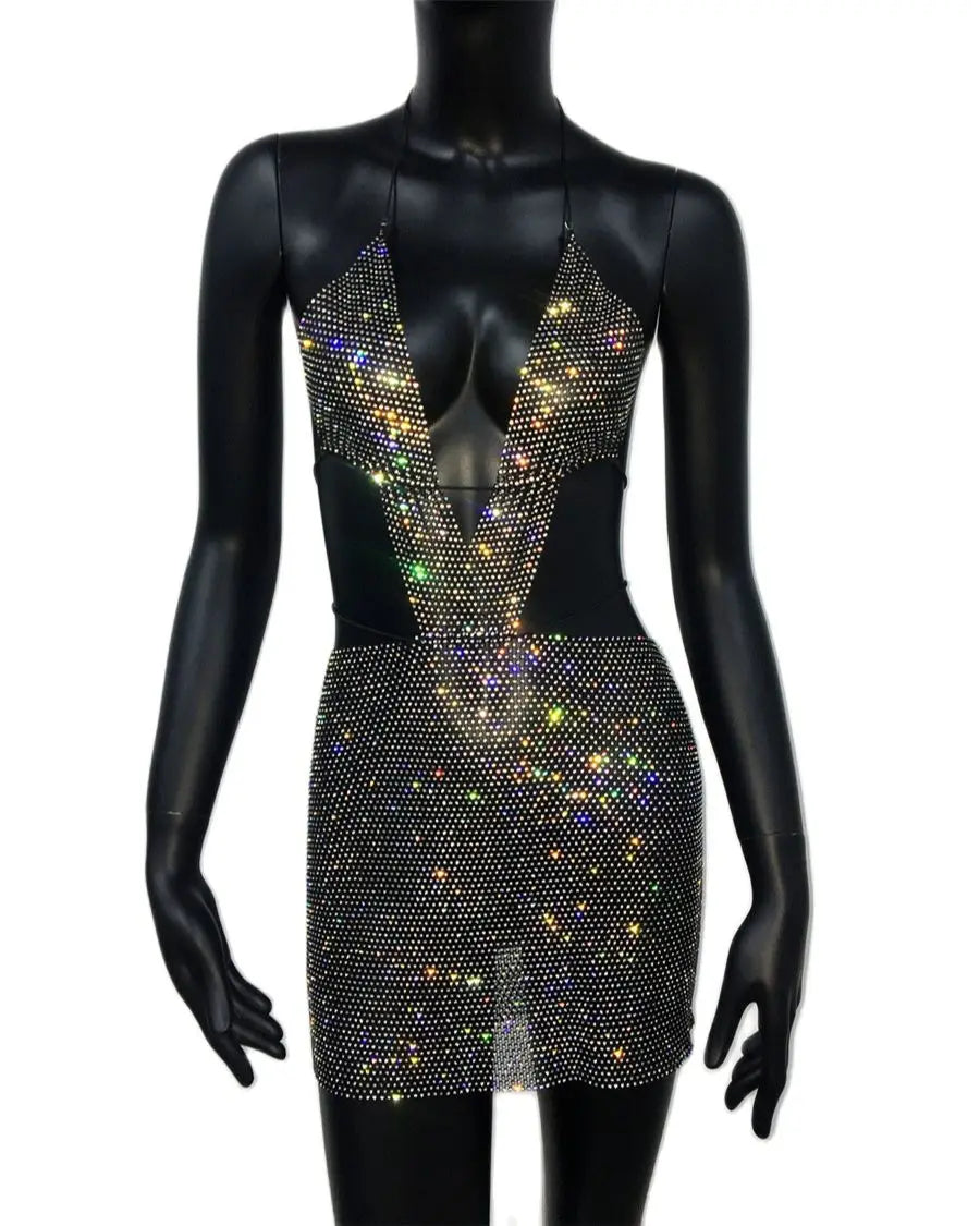 Rhinestone Mesh Halter Plunging Neck Cut Out Bodycon Two Piece Set