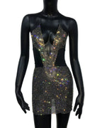 Rhinestone Mesh Halter Plunging Neck Cut Out Bodycon Two Piece Set