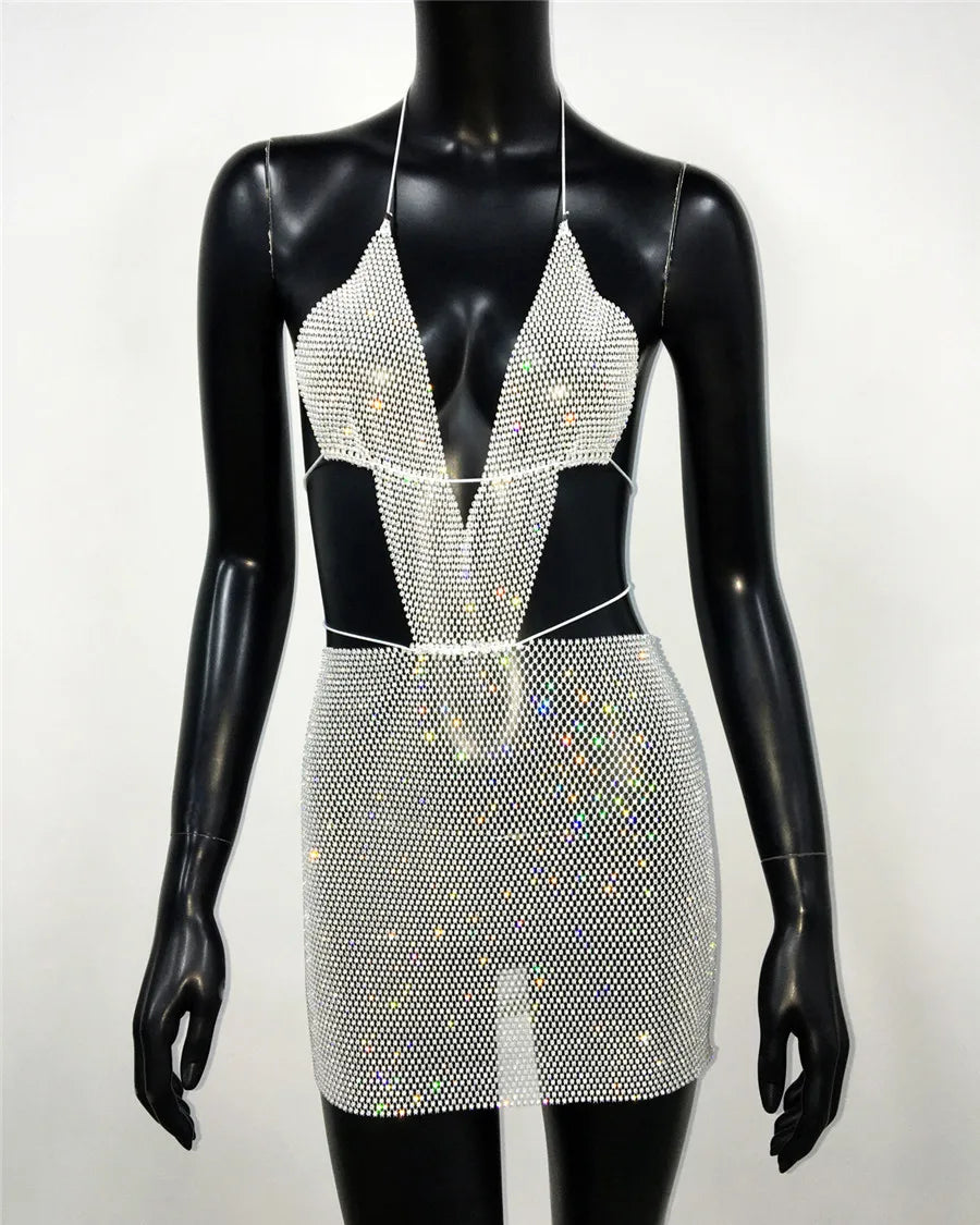 Rhinestone Mesh Halter Plunging Neck Cut Out Bodycon Two Piece Set