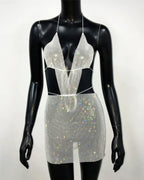 Rhinestone Mesh Halter Plunging Neck Cut Out Bodycon Two Piece Set