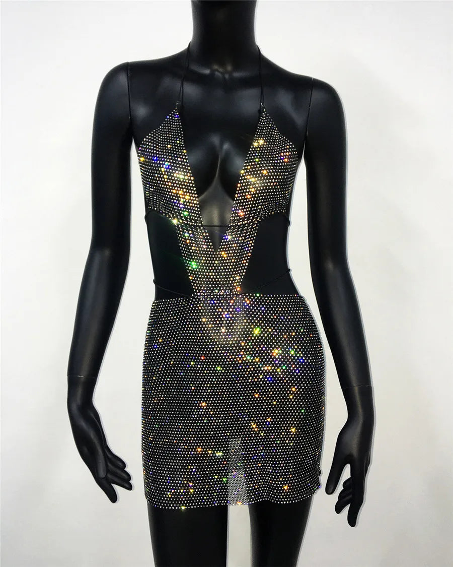 Rhinestone Mesh Halter Plunging Neck Cut Out Bodycon Two Piece Set