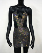 Rhinestone Mesh Halter Plunging Neck Cut Out Bodycon Two Piece Set