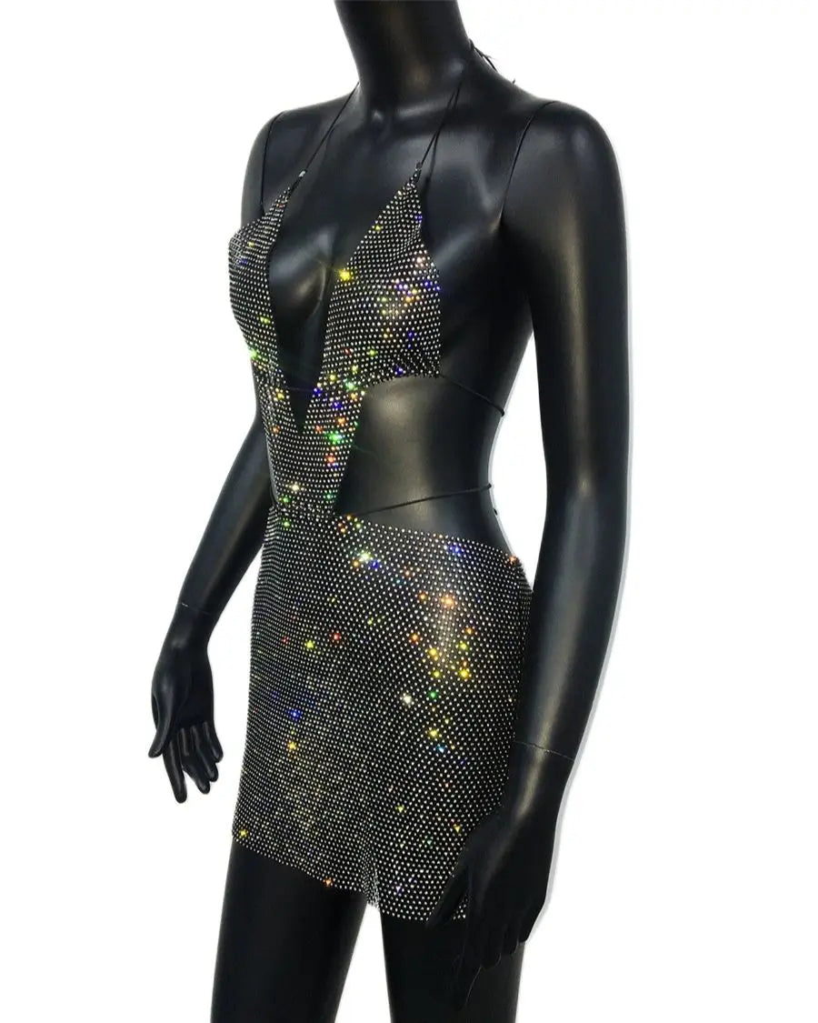 Rhinestone Mesh Halter Plunging Neck Cut Out Bodycon Two Piece Set