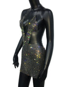 Rhinestone Mesh Halter Plunging Neck Cut Out Bodycon Two Piece Set