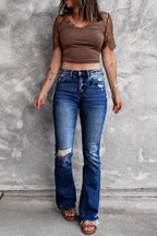 DressBetty - Holes Ripped Tassel Flare Jeans High Waist Denim Ladies Vintage Stretch Slim Jeans