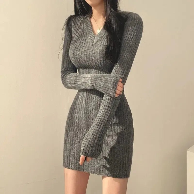Ribbed Knit V-Neck Long Sleeve Bodycon Mini Sweater Dress
