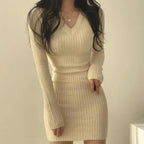 Ribbed Knit V-Neck Long Sleeve Bodycon Mini Sweater Dress