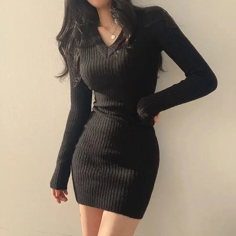Ribbed Knit V-Neck Long Sleeve Bodycon Mini Sweater Dress