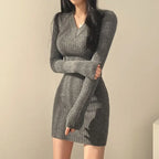 Ribbed Knit V-Neck Long Sleeve Bodycon Mini Sweater Dress
