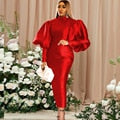 Mock Neck Lantern Puff Sleeve Satin Column Midi Gown