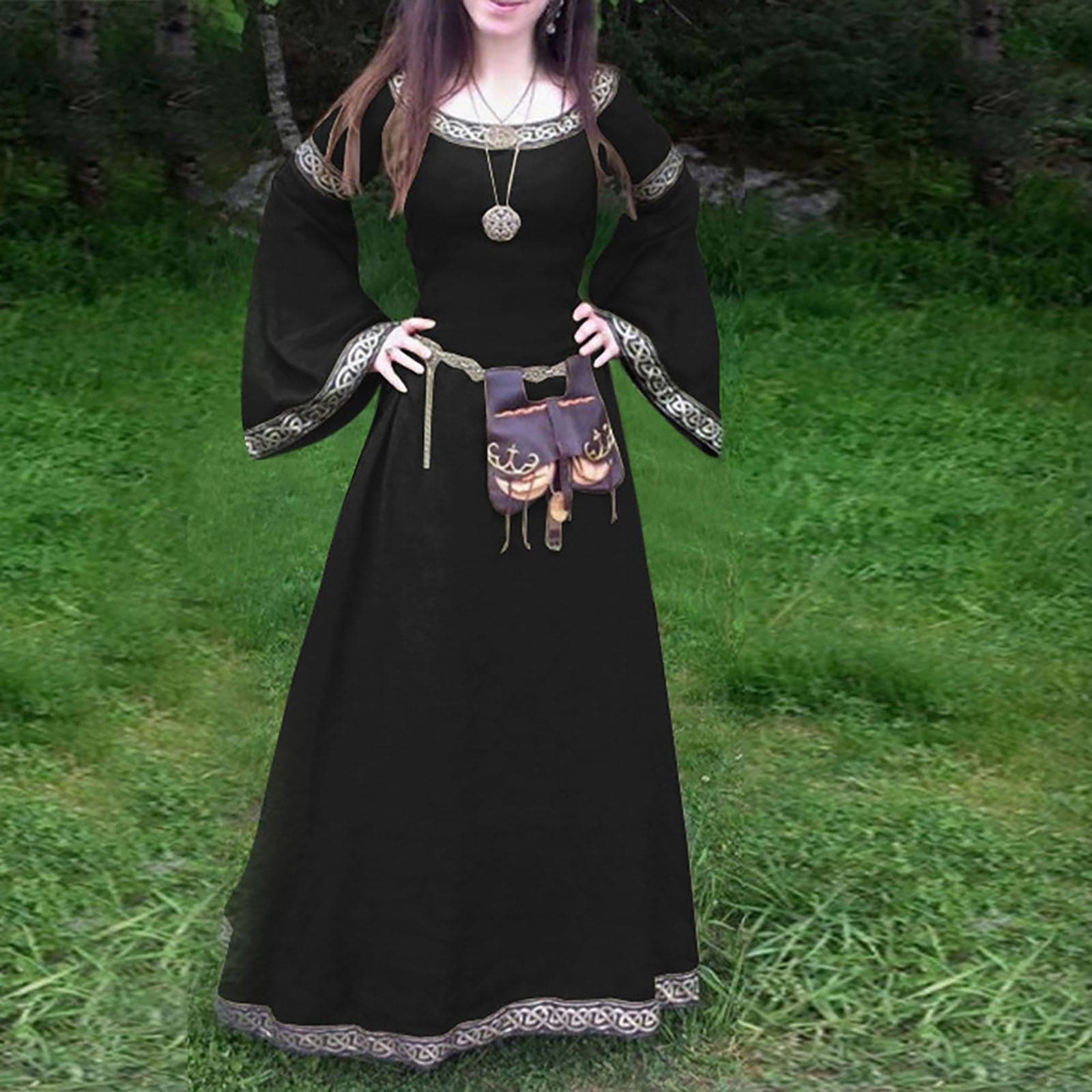 Celtic Knot Trim Bell Sleeve Scoop Neck Medieval Maxi Dress