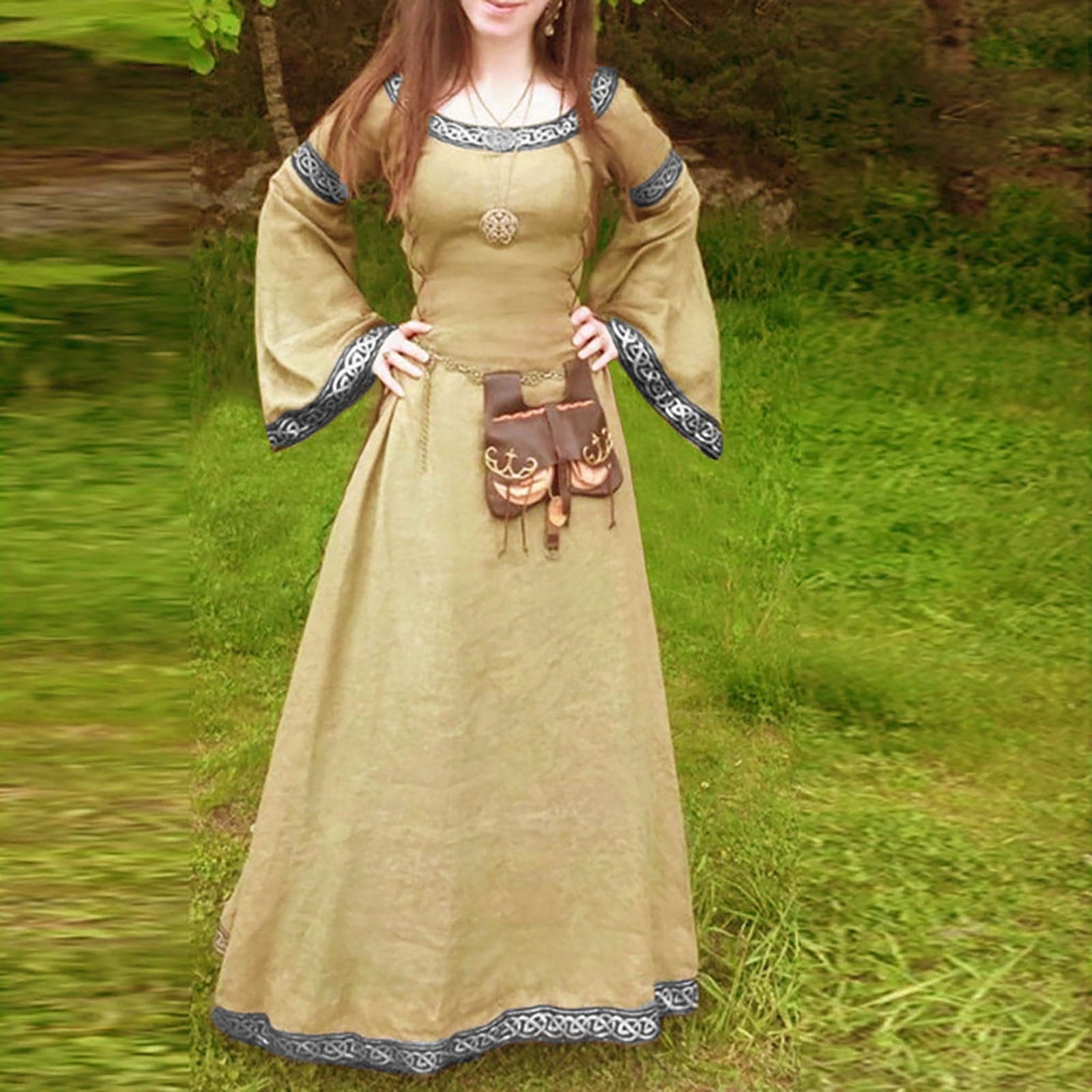Celtic Knot Trim Bell Sleeve Scoop Neck Medieval Maxi Dress