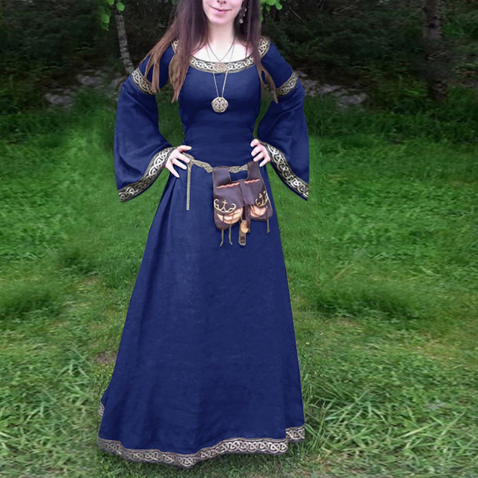 Celtic Knot Trim Bell Sleeve Scoop Neck Medieval Maxi Dress