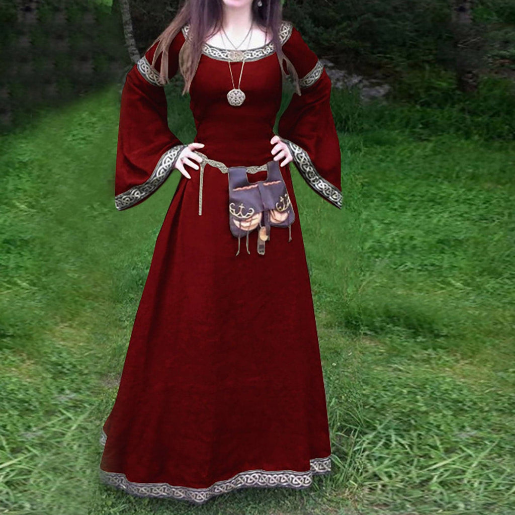 Celtic Knot Trim Bell Sleeve Scoop Neck Medieval Maxi Dress