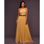 Square Neck Spaghetti Strap Chiffon Pleated Maxi Dress