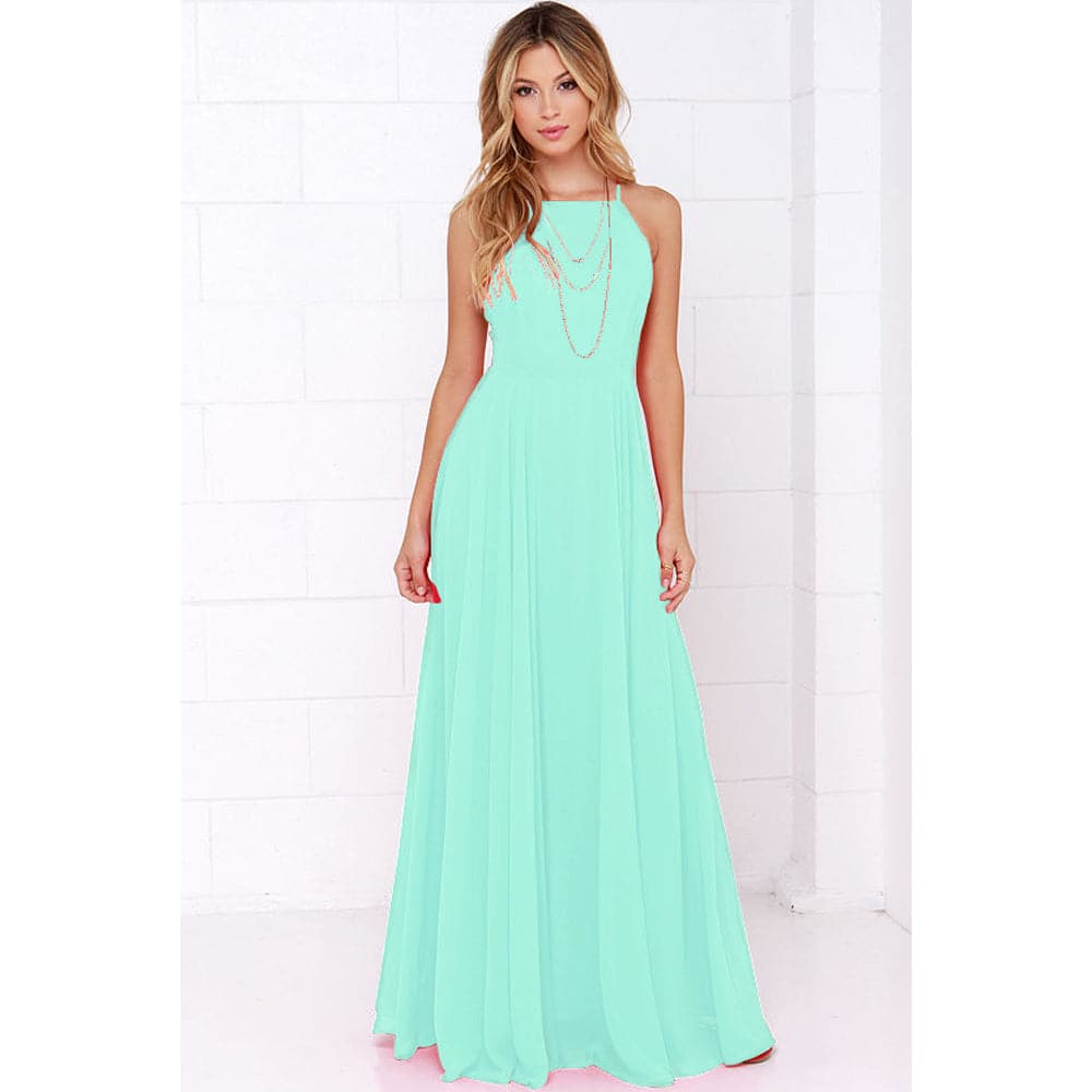 Square Neck Spaghetti Strap Chiffon Pleated Maxi Dress