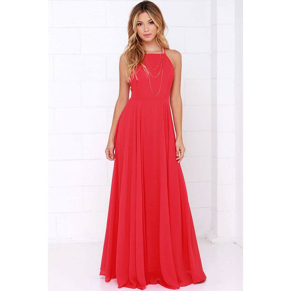 Square Neck Spaghetti Strap Chiffon Pleated Maxi Dress