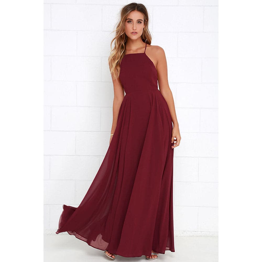 Square Neck Spaghetti Strap Chiffon Pleated Maxi Dress