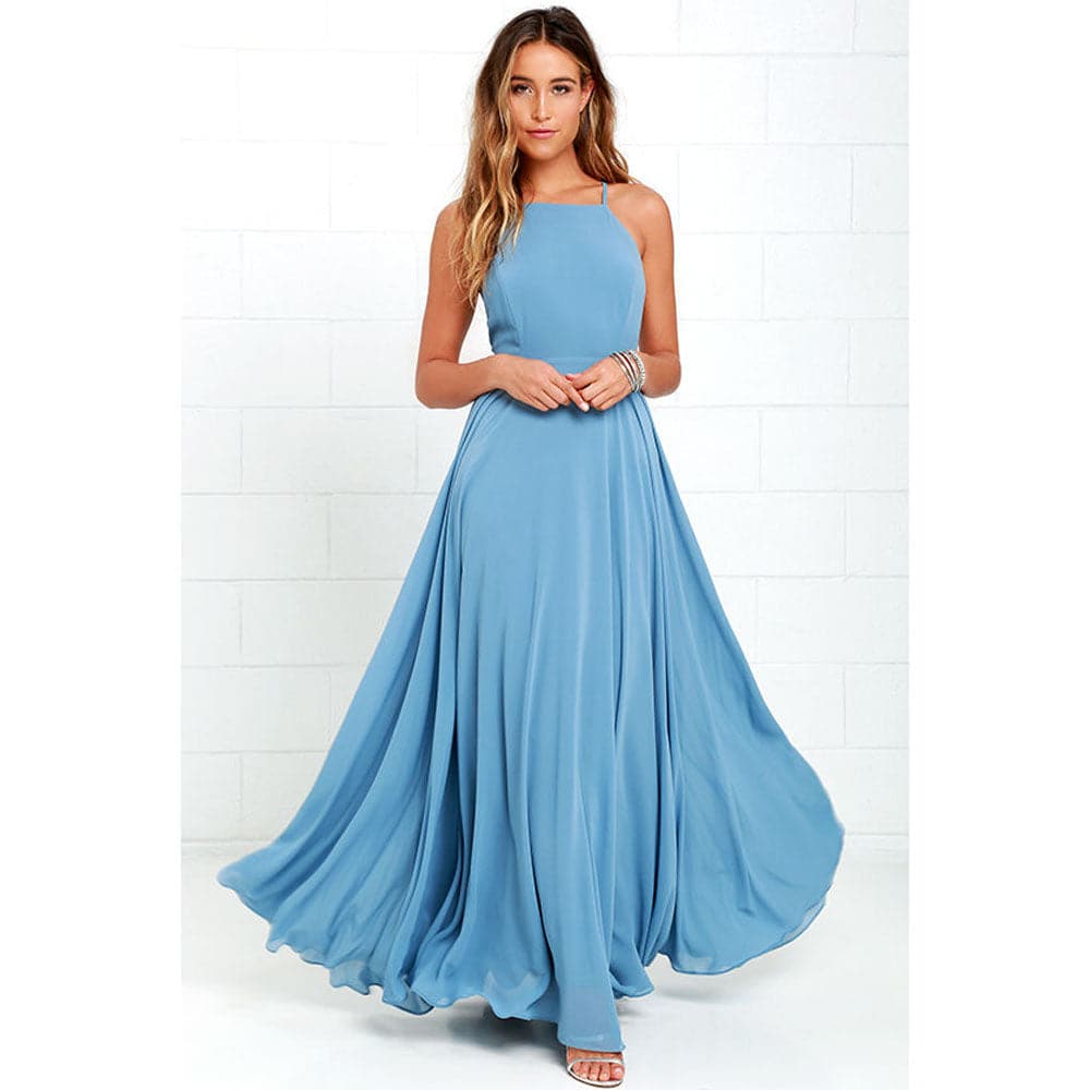 Square Neck Spaghetti Strap Chiffon Pleated Maxi Dress