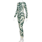 Long Sleeve Crew Neck Abstract Damask Print Bodycon Maxi Dress