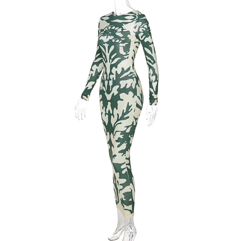 Long Sleeve Crew Neck Abstract Damask Print Bodycon Maxi Dress