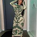 Long Sleeve Crew Neck Abstract Damask Print Bodycon Maxi Dress