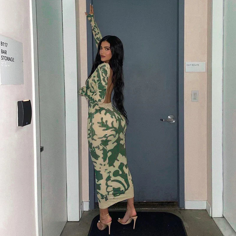 Long Sleeve Crew Neck Abstract Damask Print Bodycon Maxi Dress