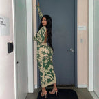 Long Sleeve Crew Neck Abstract Damask Print Bodycon Maxi Dress