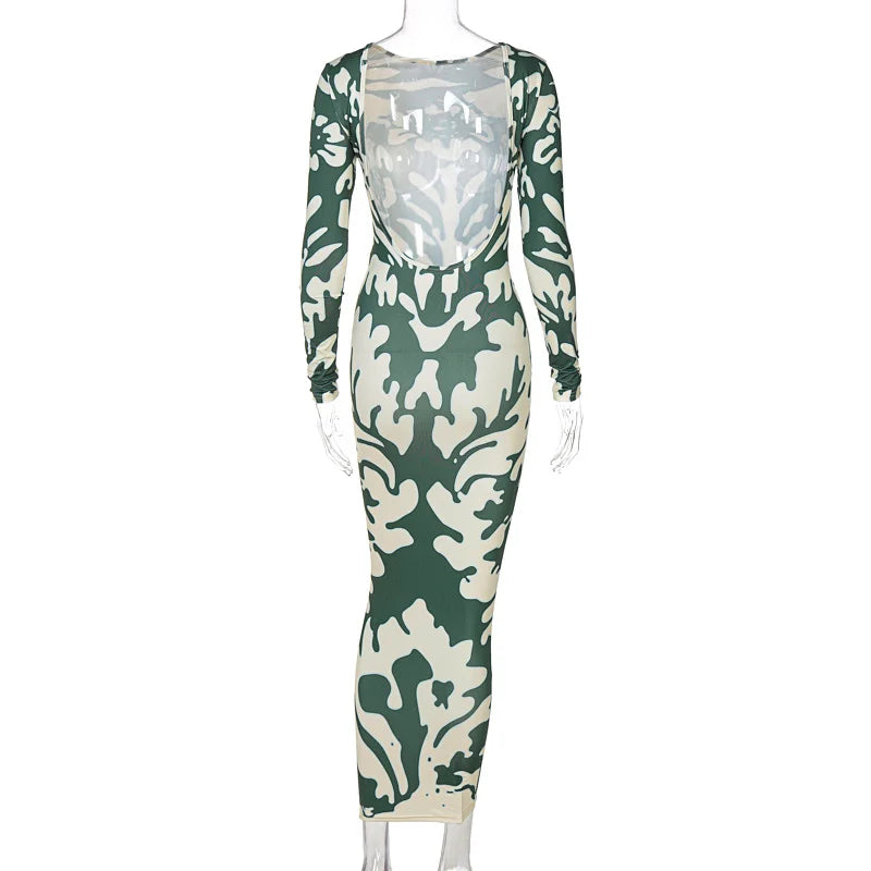 Long Sleeve Crew Neck Abstract Damask Print Bodycon Maxi Dress