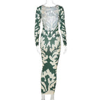 Long Sleeve Crew Neck Abstract Damask Print Bodycon Maxi Dress