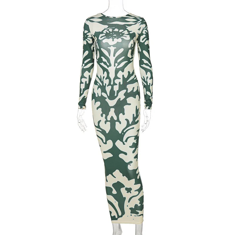 Long Sleeve Crew Neck Abstract Damask Print Bodycon Maxi Dress