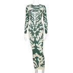 Long Sleeve Crew Neck Abstract Damask Print Bodycon Maxi Dress