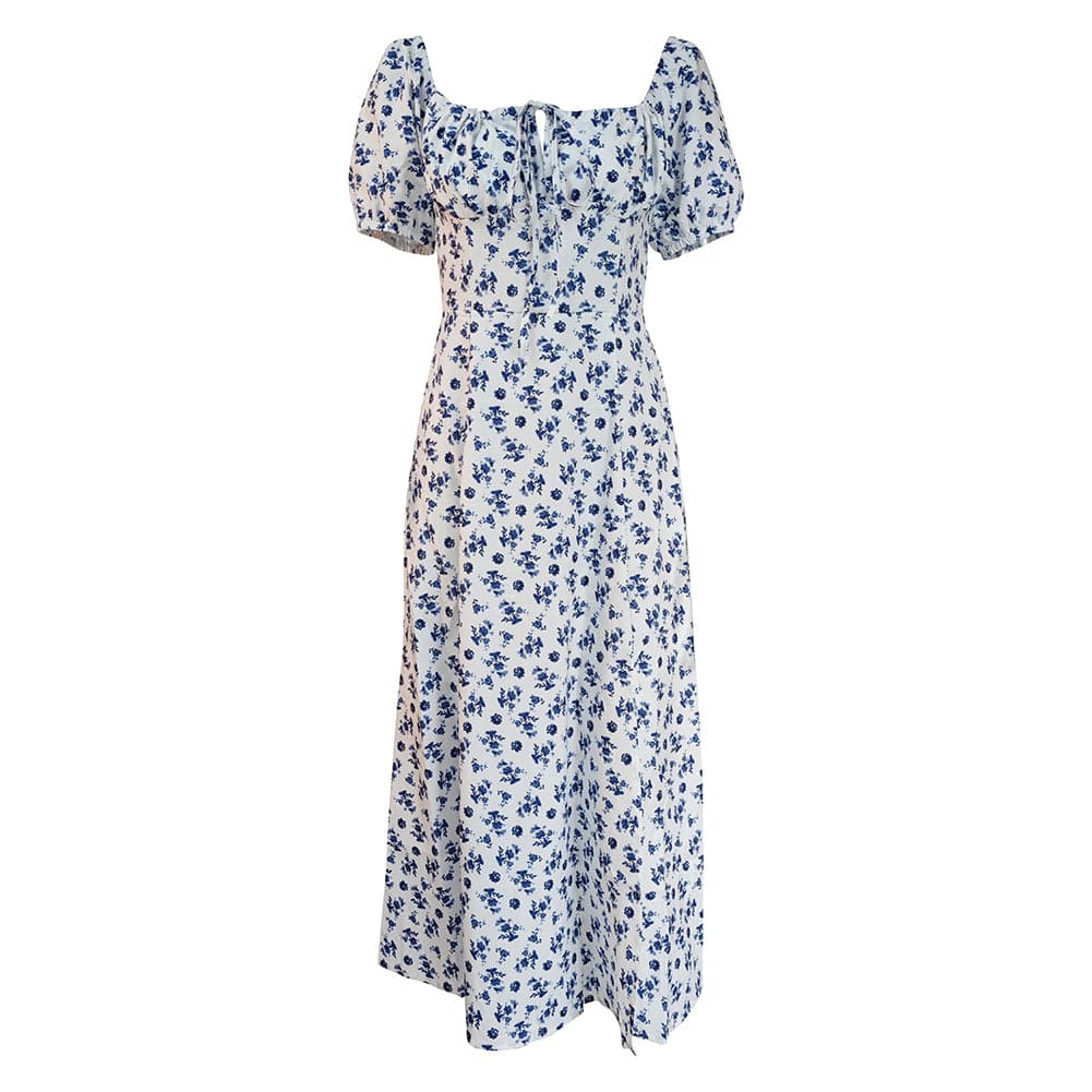 Floral Print Milkmaid Tie-Front Side Slit Maxi Dress