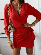 Wrap Front Deep V-Neck Ruched Three Quarter Sleeve Mini Dress