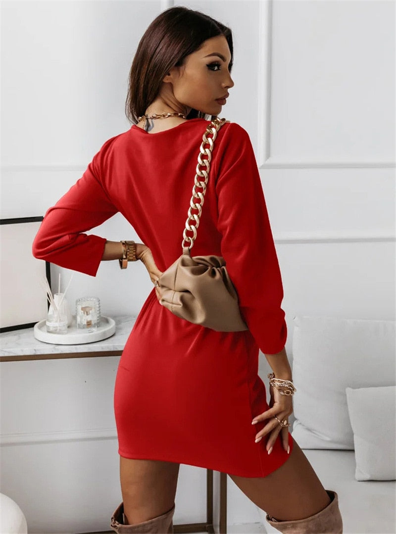 Wrap Front Deep V-Neck Ruched Three Quarter Sleeve Mini Dress