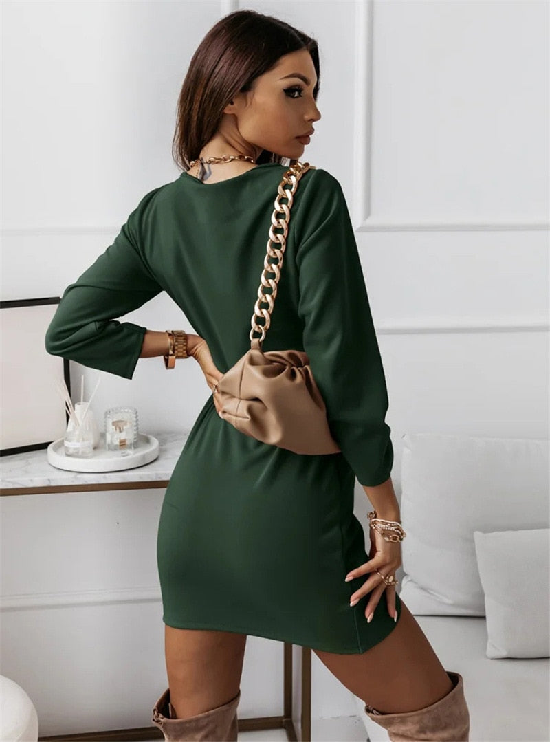 Wrap Front Deep V-Neck Ruched Three Quarter Sleeve Mini Dress