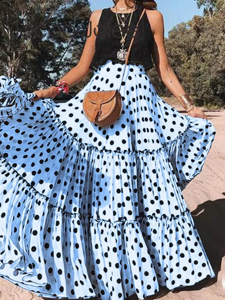 Tiered Ruffle Polka Dot Maxi Skirt