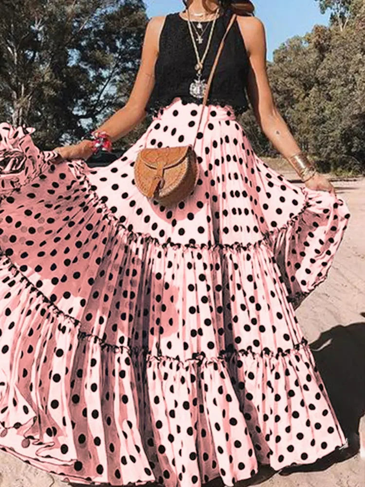 Tiered Ruffle Polka Dot Maxi Skirt