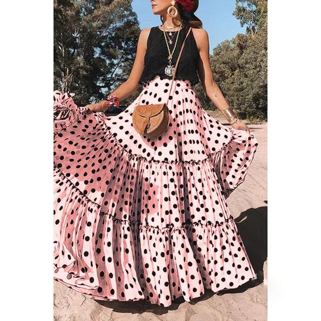 Tiered Ruffle Polka Dot Maxi Skirt