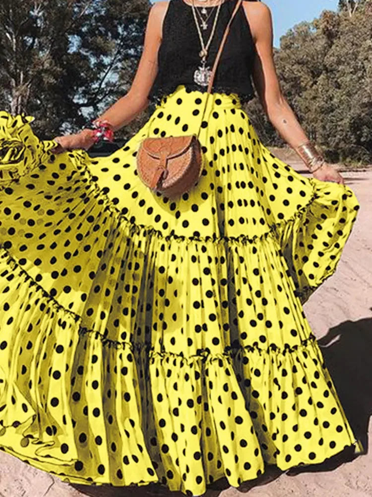 Tiered Ruffle Polka Dot Maxi Skirt