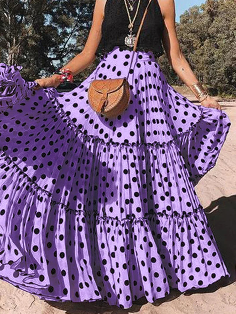 Tiered Ruffle Polka Dot Maxi Skirt