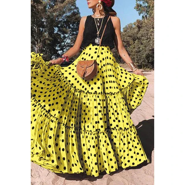 Tiered Ruffle Polka Dot Maxi Skirt