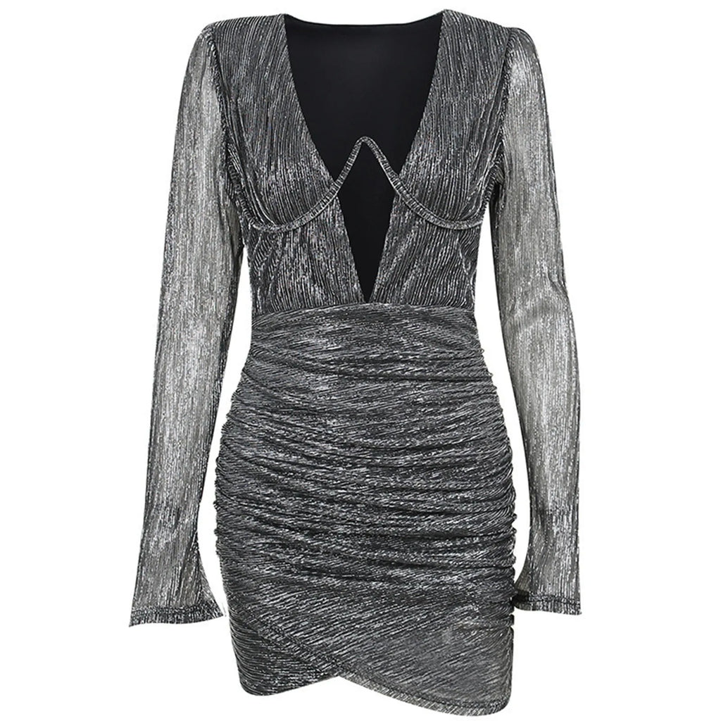 Glitter Deep V-Neck Keyhole Long Sleeve Ruched Wrap Hem Bodycon Mini Dress